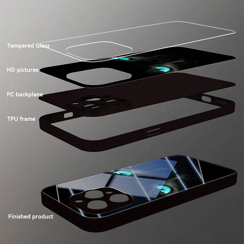 Cool Black Cat Mysterious Eyes Pattern Tempered Glass Material Phone Case For Samsung Galaxy S25 S24 S23 Ultra Plus FE Cover
