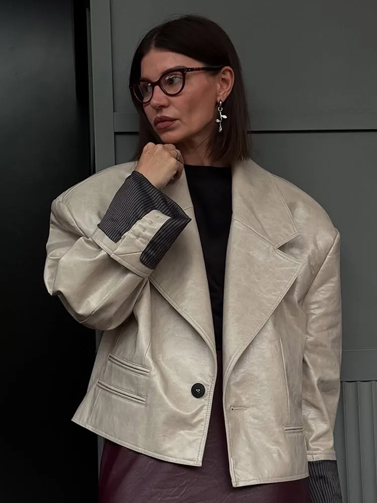 

Женские кожаные однотонные наплечники, пальто с макси-рукавами, однобортные куртки с карманами и лацканами, осенняя шикарная женская повседневная уличная верхняя одежда