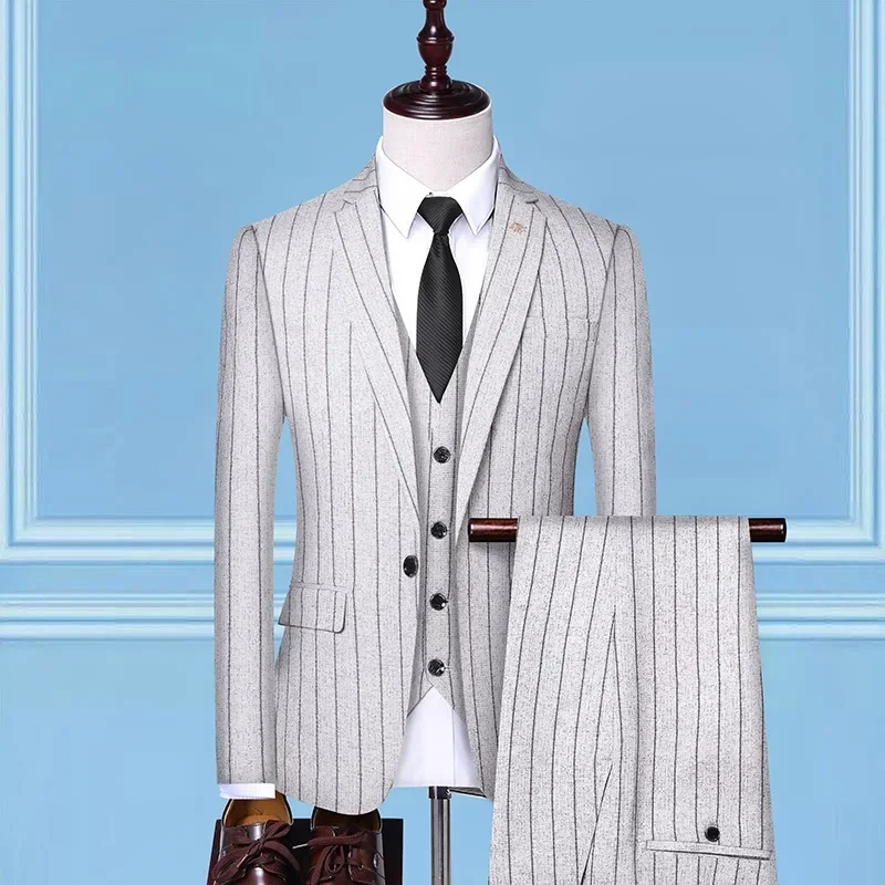 High Quality (suit + Vest + Trousers) Single Button Fashion Business Vertical Stripe Gentleman Suit Korean Suit Three-piece Suit