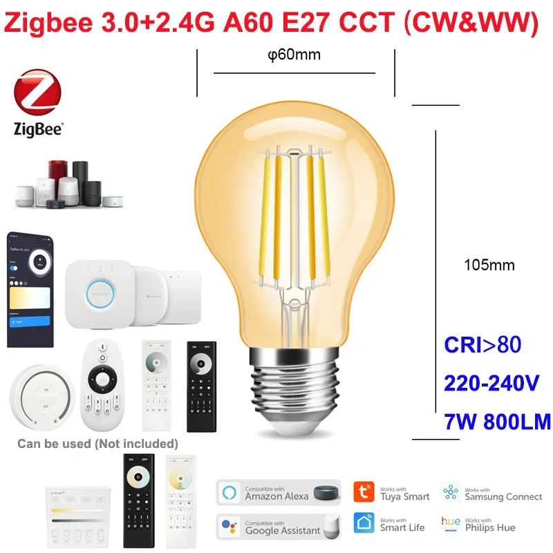 Bohlam LED E27 220V 7W G95 A60 ST64 Pintar Dapat Diredupkan 2.4G RF Klasik Retro Edison Filamen Antik Ganda Putih 2200K-6500K