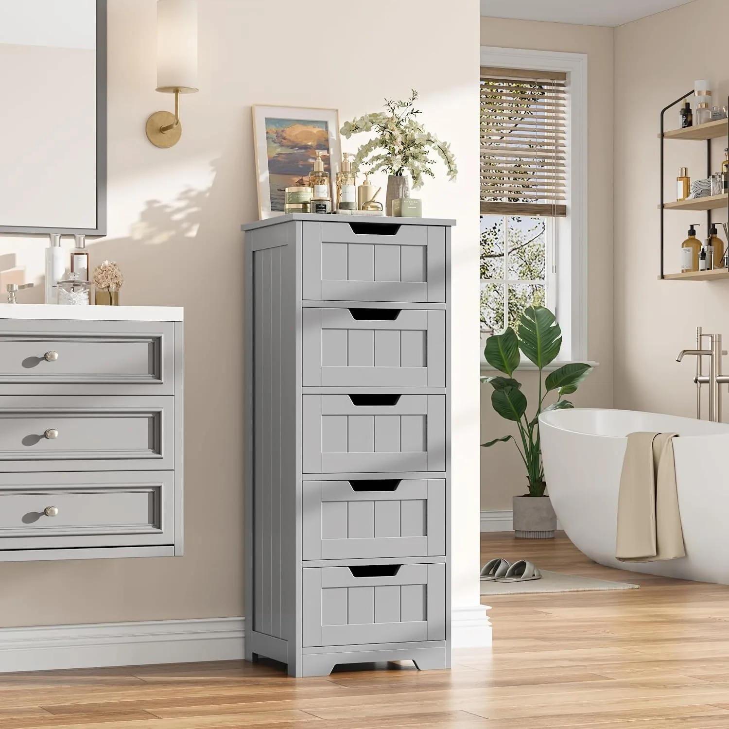 Bathroom Cabinet, Bathroom Storage Cabinet with 5 Drawers, Wooden Storage Cabinets with Cut-Out Handles, Customized