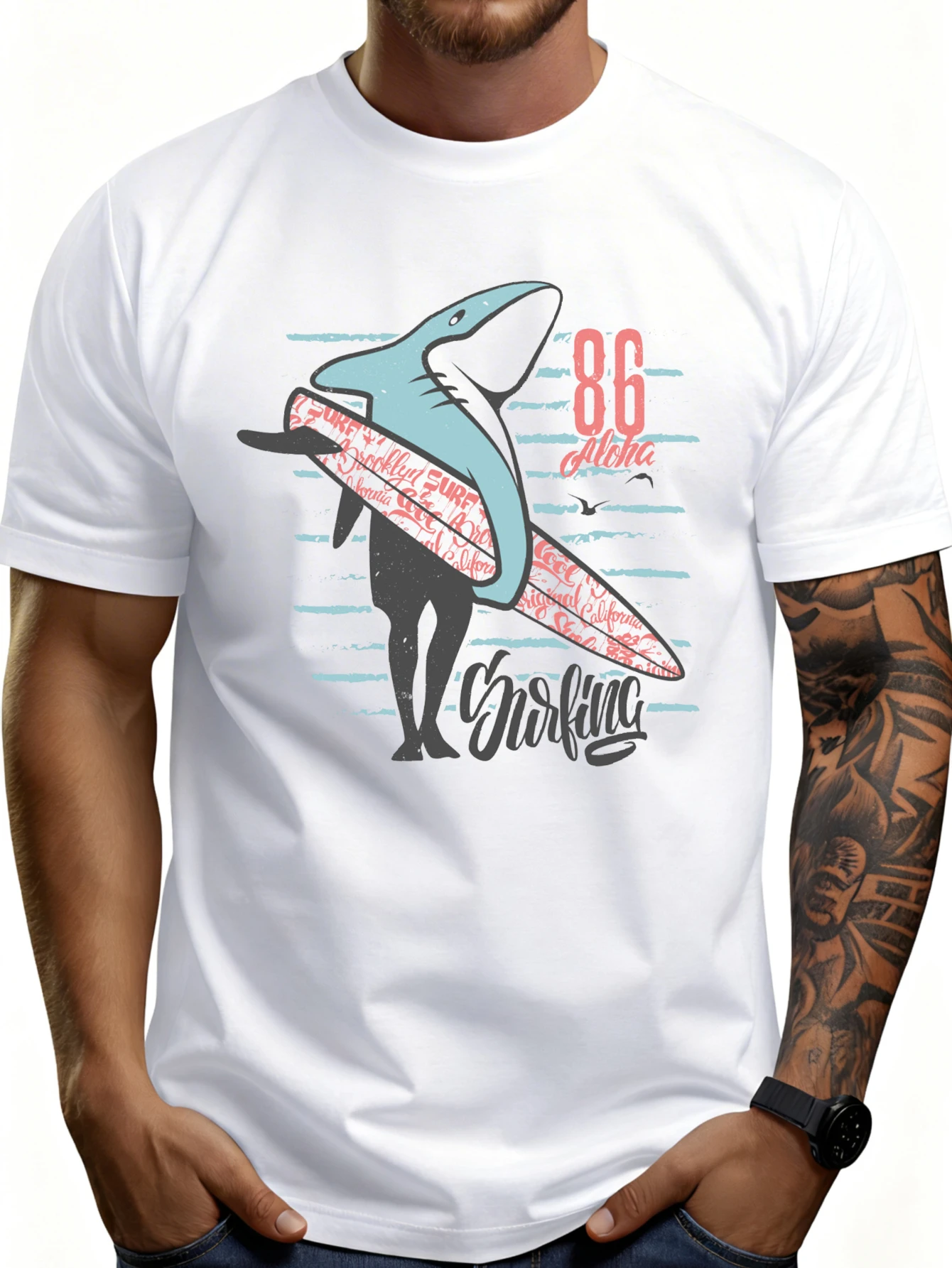 Casual Summer Style Men's T-Shirt Featuring a Shark Surfing Graphic and the Text 86 Aloha, Along with Ocean Wave Patterns, Perfect for Beach Trips and Warm Weather, an Ideal Gift for Surfers and Shark Enthusiasts.