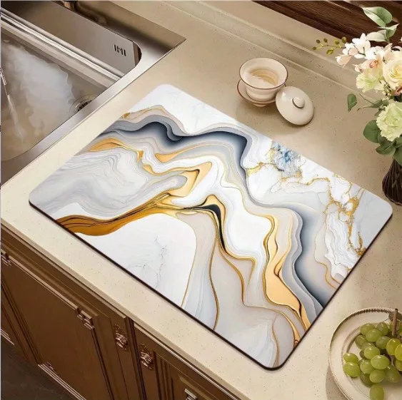 Gold Grey Marble Swirl Kitchen Drying Mat Non Slip Absorbent Countertop Mat for Sink Coffee Bar Decor Cup Coaster Silicone Mat
