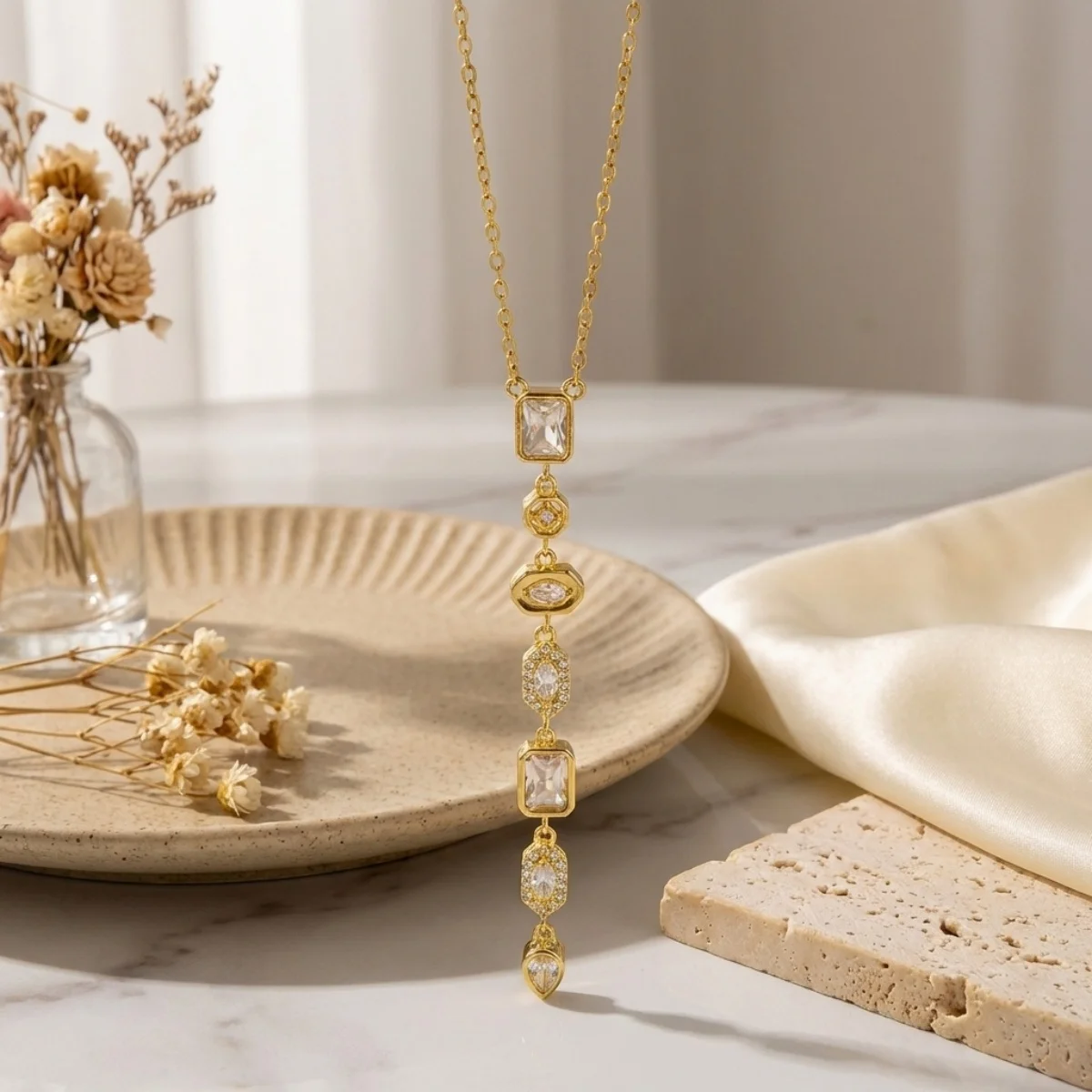 Glänzende Zirkon-Halskette mit geometrischen Verbindungsstücken und Quasten aus Edelstahl für Damen und Herren, Herz, Auge, Wassertropfen, Sonne, Mond, Stern, Choker-Schmuck – Detail 34