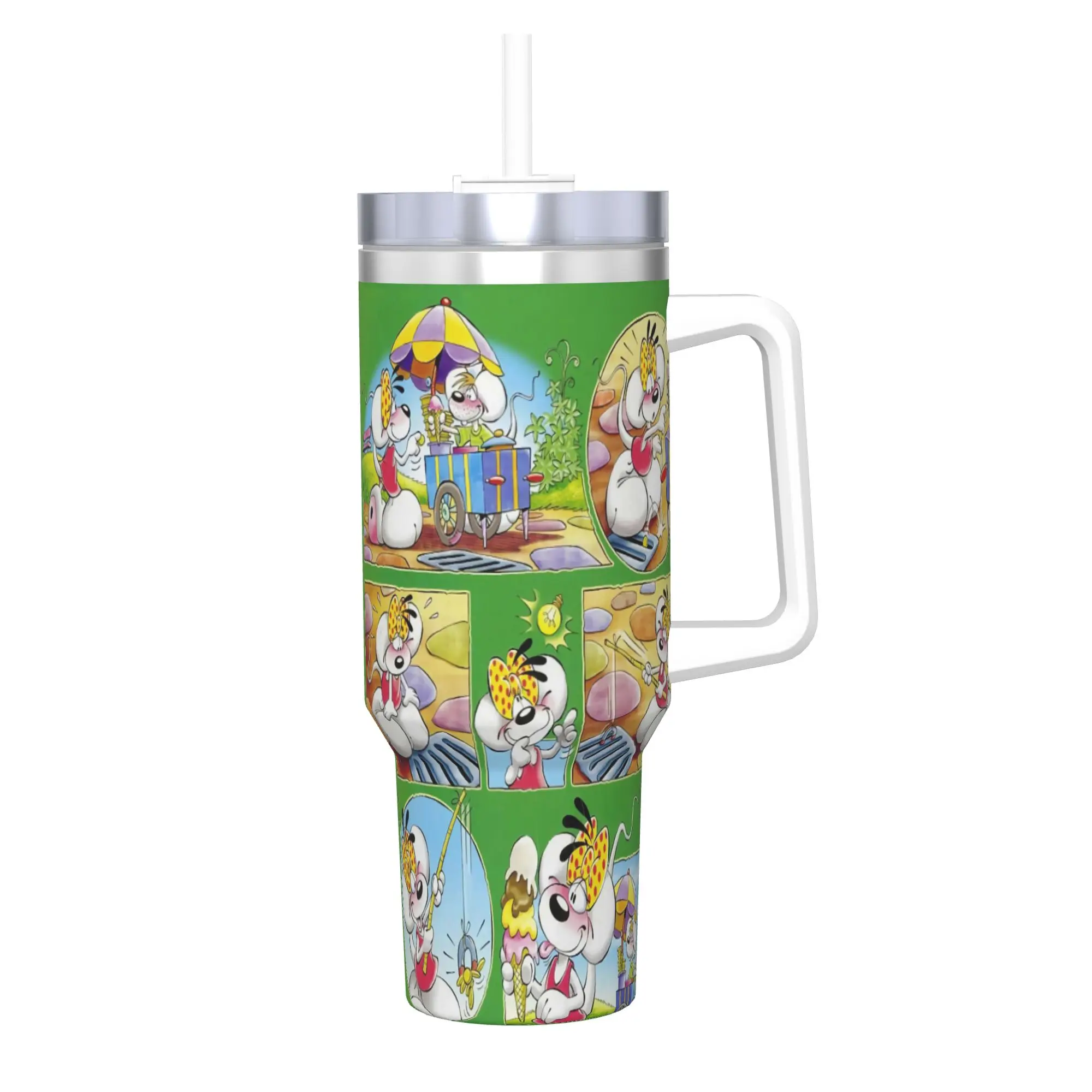 Edelstahl-Becher, niedliche Diddl-Becher, Tasse mit Strohhalmen, Strand-Wasserflasche für heiße Getränke, auslaufsicher, große Kaffeetasse