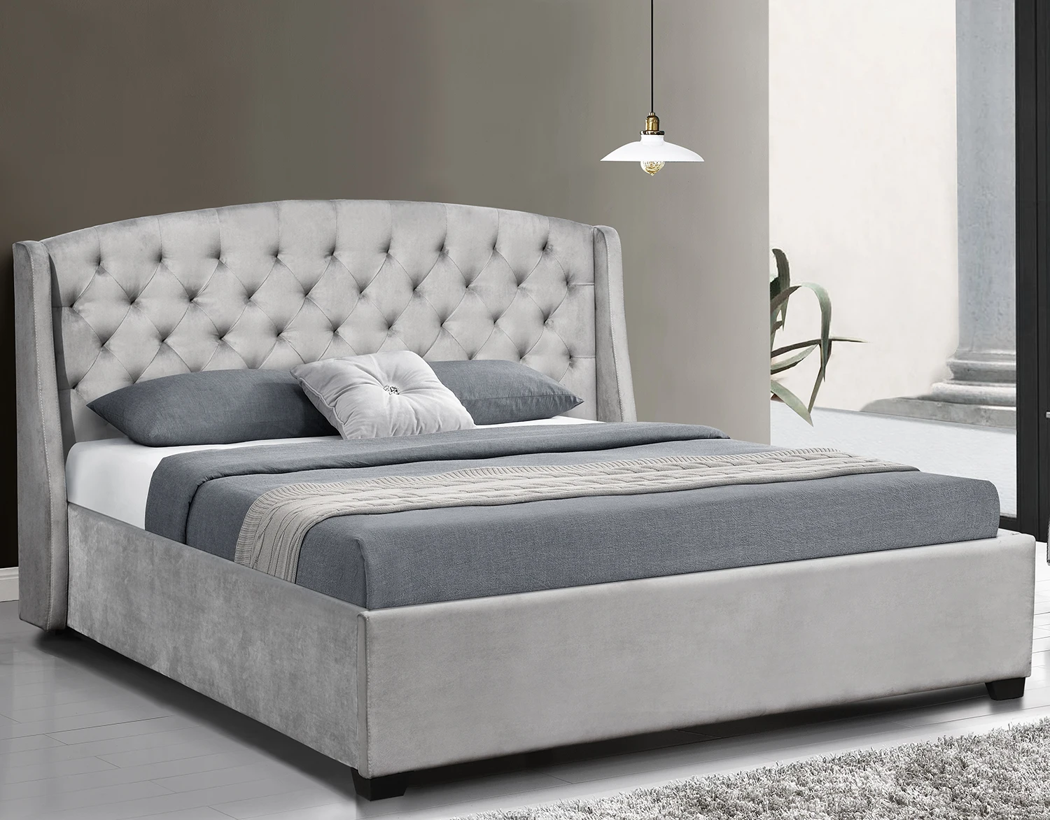 

Modern Design Tufted Headboard Fabric Bed Upholstered Wood Panel Plywood Frame Available King Queen Double Sizes Bedroom Useprom