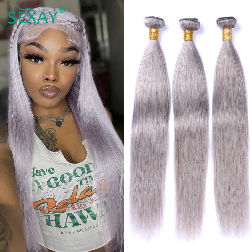 Pacotes de cabelo humano cinza prateado, cabelo liso brasileiro, Weave Bundles, Sexay Remy, 10-28 pol, 1 PC Lot