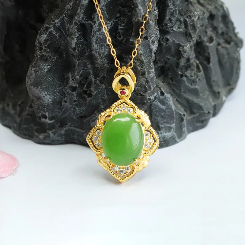 

S925 Silver Russian Green Hetian Jade Pendant Elegant Necklace HT3030901