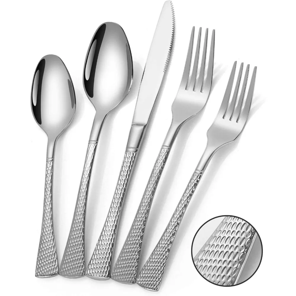 

20 Piece Modern Hammered Silverware Set, Service for 4, Mirror Polished Stainless Steel Cutlery