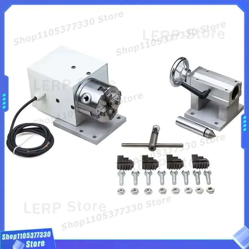 BulkMan3D 4 Axis Indexing Head with Movable Tailstock and 80mm 4 Jaw Chuck for CNC Milling Machine Woodworking Rotary Shaft
