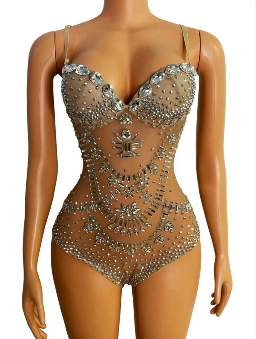 Sexy Rhinestones Mesh Transparent Dance Leotard Female Crystal Bodysuit Perfomance Show Costume Stage Wear Women's Party Outfit