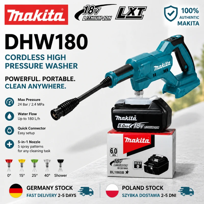 Original Makita DHW180 Tragbarer Hochdruckreiniger Kabellos 18V Akku-Reiniger Wassersprühpistole Autowaschgerät für Auto LKW SUV Fahrrad Motorrad Garten Terrasse Zaun Boden Fenster Außenreinigung