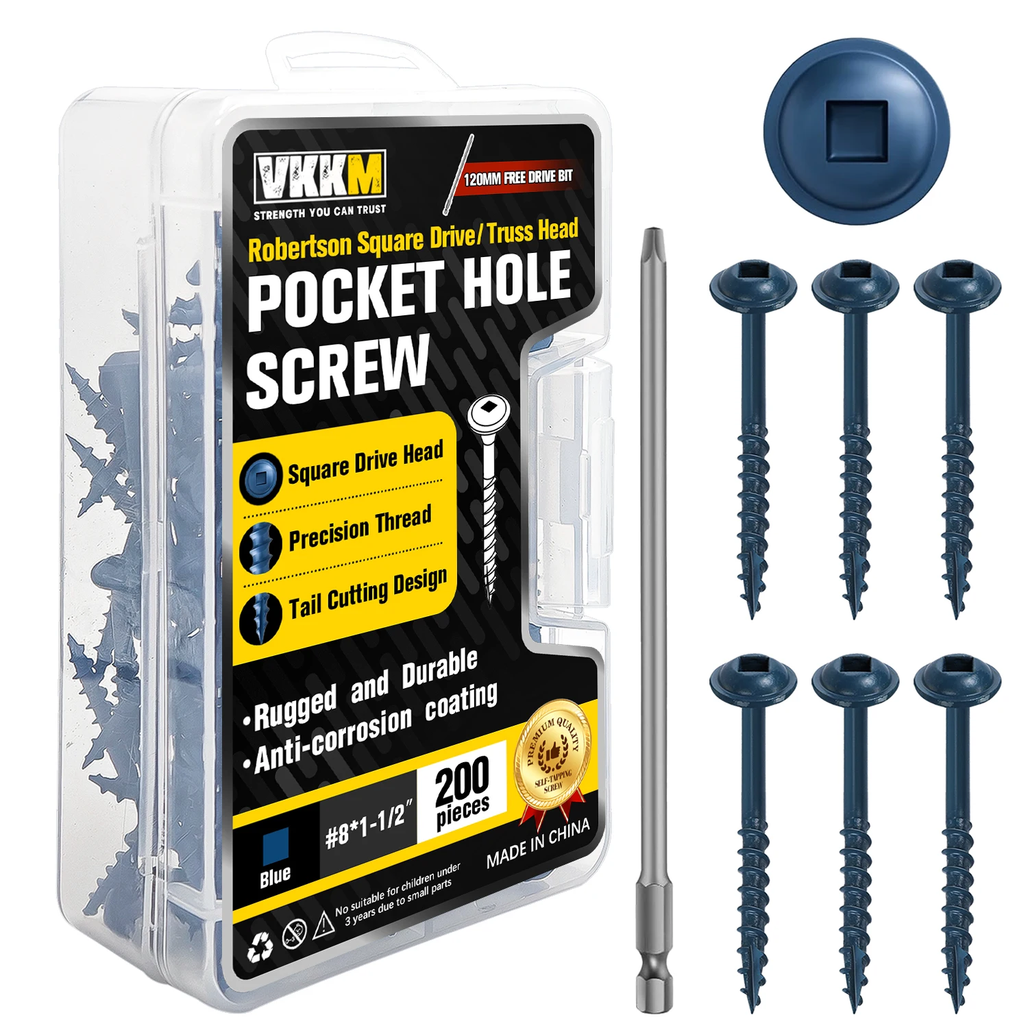 

200Pcs #8x1.5" Square Drive Pocket Hole Screws, Robertson Washer Head Coarse Thread Self Tapping Wood Screw with Free SQ2 Bit, Zinc Plated Anti-Rust for Pocket Hole Jig Furniture DIY