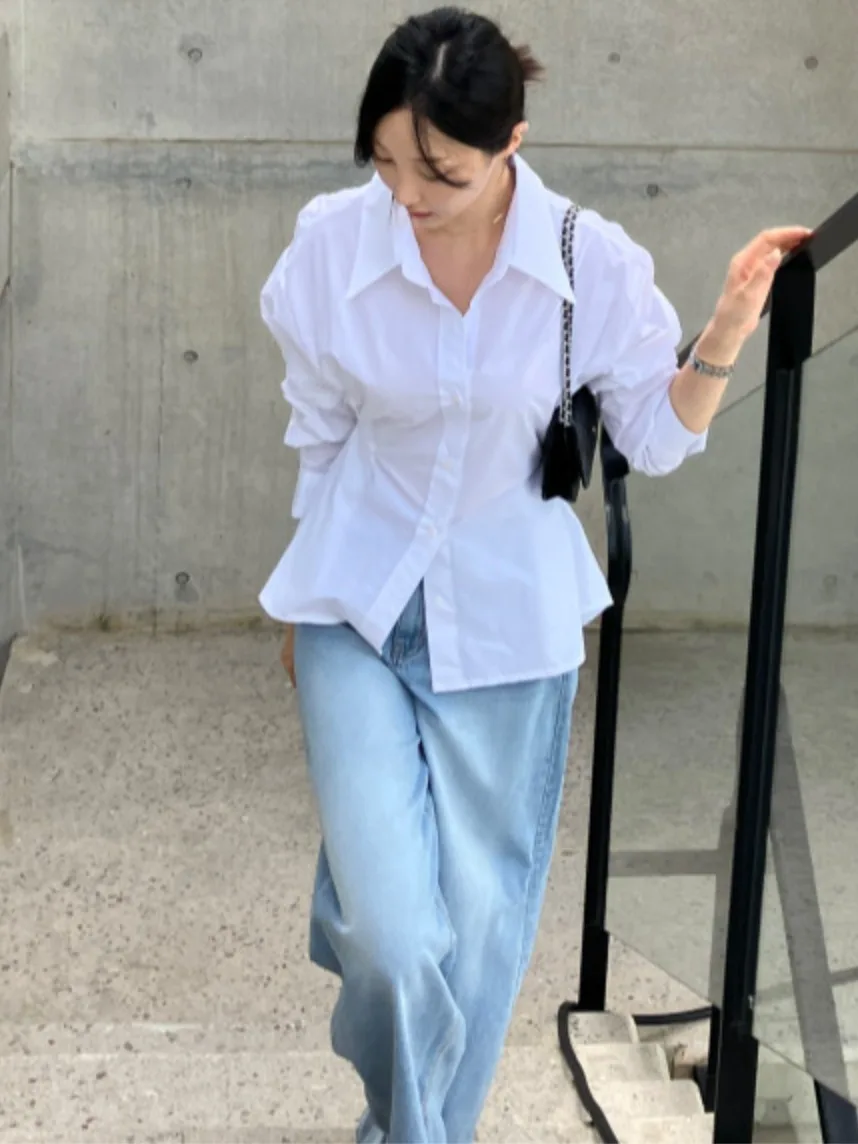 เสื้อเชิ้ตผู้หญิงทรงเข้ารูป แขนยาว คอปกพับได้ ผูกเอว ดีไซน์เก๋ไก๋สำหรับต้นฤดูใบไม้ร่วง ผ้าฝ้าย 00%