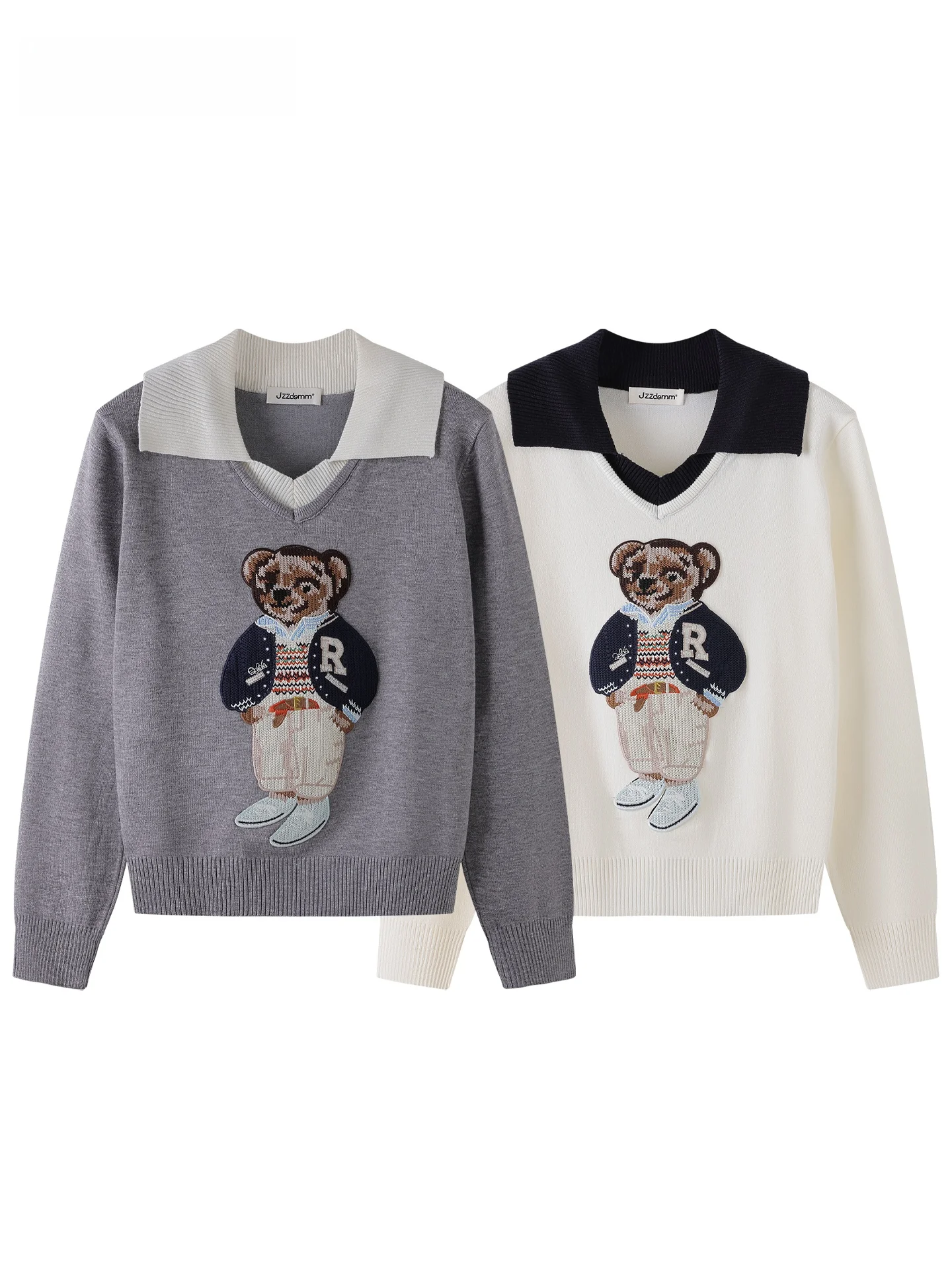 

JZZDEMM Ранняя осень вязаный свитер женский отложной воротник с вышивкой Bear Faion верхняя часть из мягкого нейлона стандартной посадки