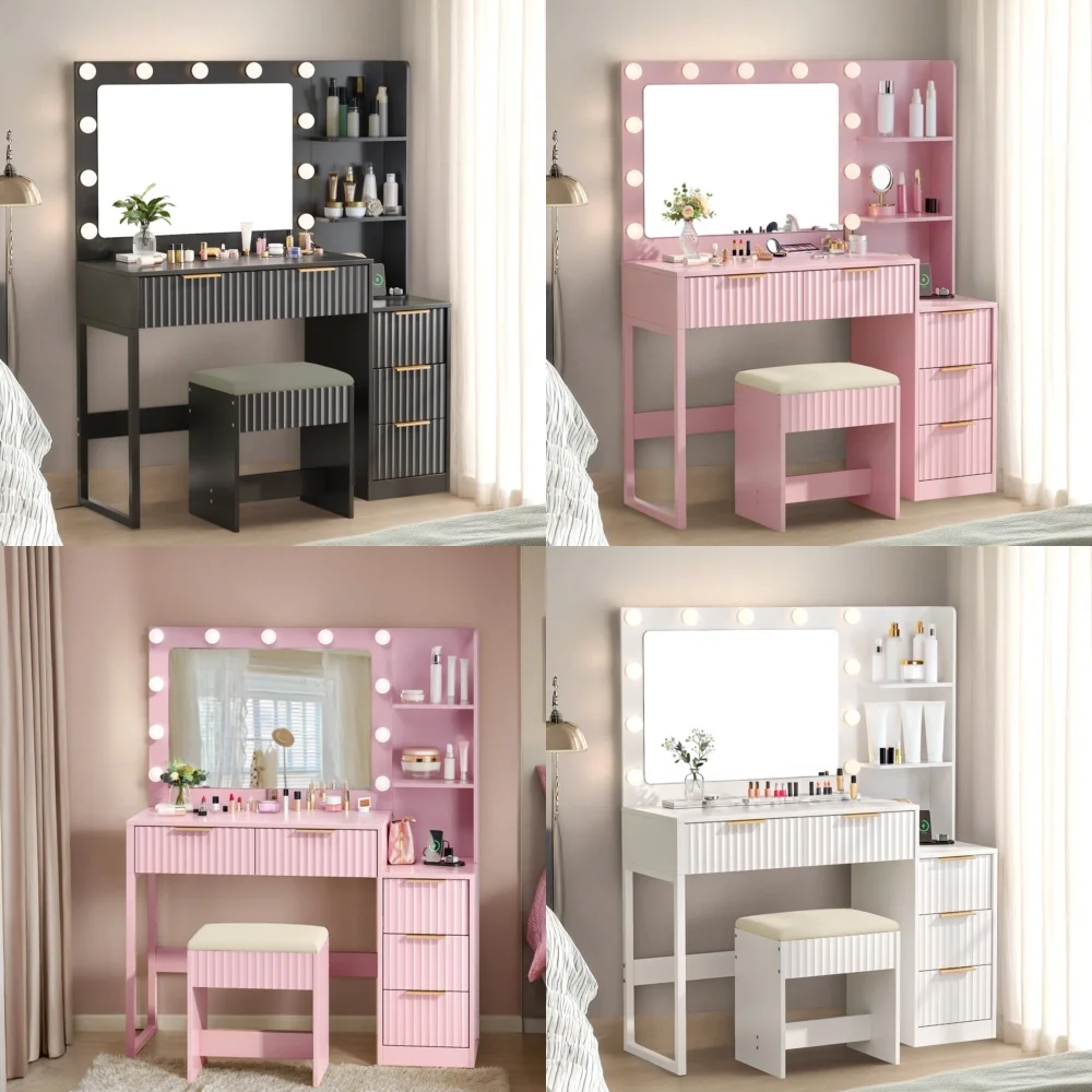 

Makeup VanitiesVanity Desk with LED Mirror USB Ports and 5 Fluted Drawers Modern Dressing Table for Bedroom