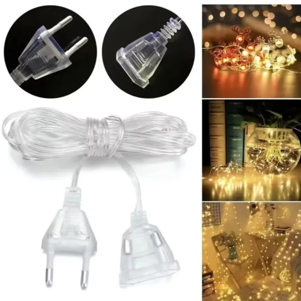 Power Extension Cord EU Plug For Home LED String Light Cable Plug Fairy Lights 3M 5M Transparent Cable Extension Wire