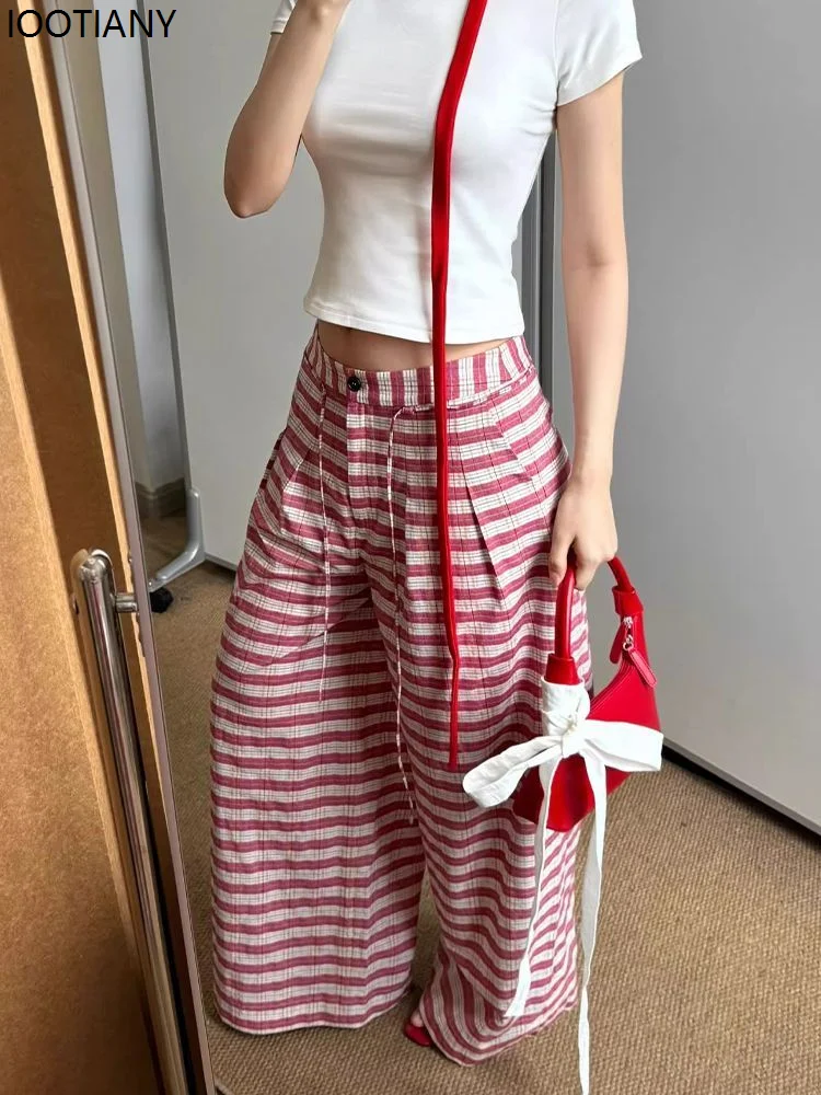 Sweet Girl Striped Lace-up Oversized Women's Pants Wide Leg Korean Style Fashion Straight Pants Loose Basic Casual Youth Summer
