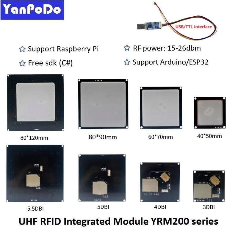 Mini módulo RFID UHF integrado YRM200, lector de tarjetas de Control de acceso Raspberry Pi, antena de 3-5,5dbi, lector de módulo RFID integrado