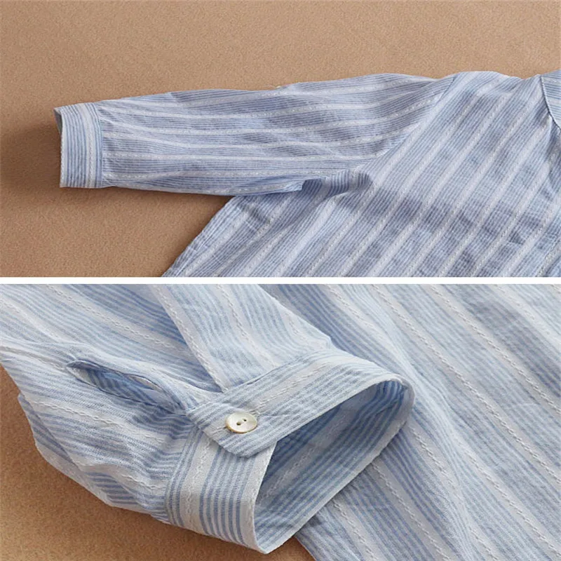 Summer Blouse Shirt Women Elegant Cotton Linen Top Long Sleeve Linen Blouses Striped Classic Shirts Oversize Lady Womens Tops