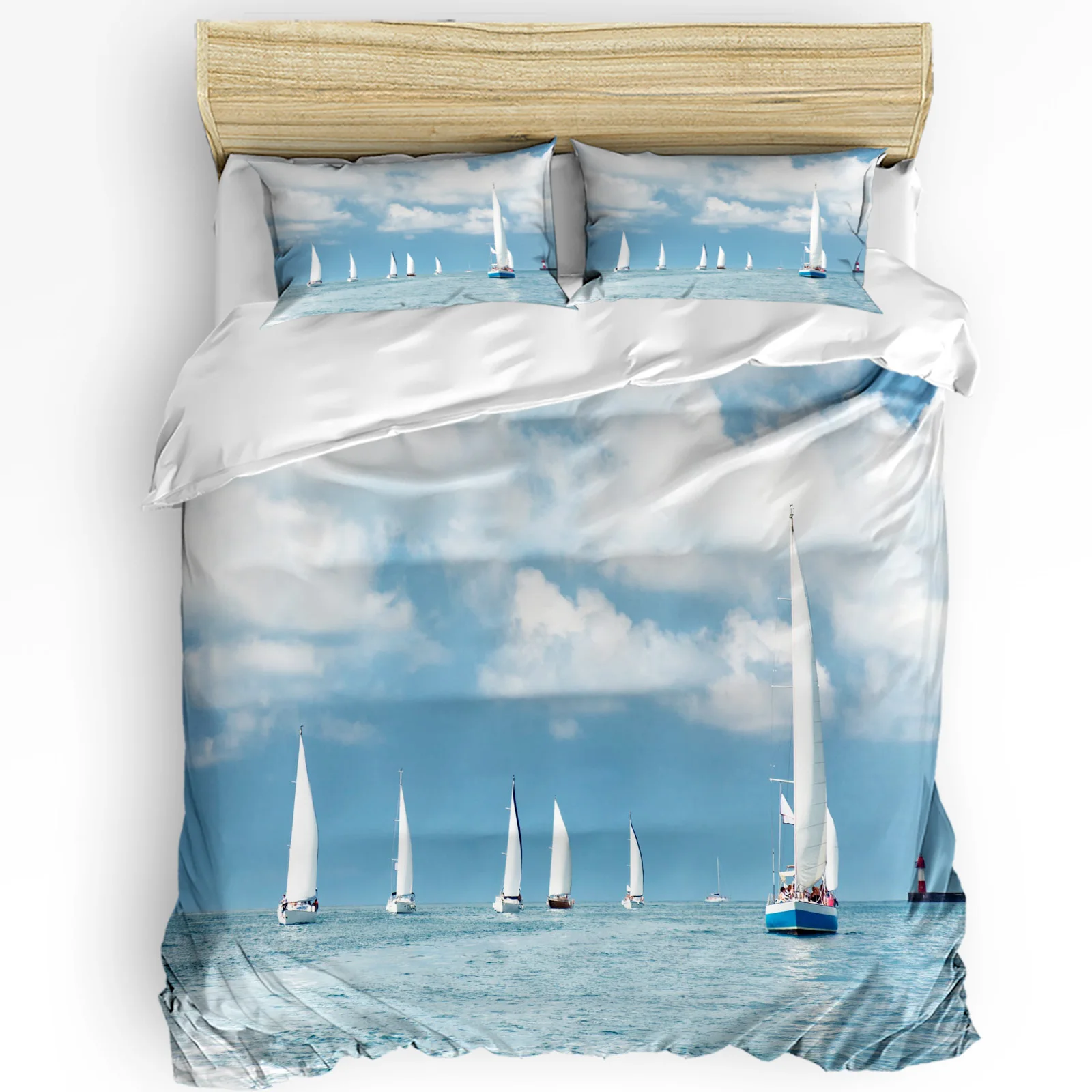 Sea Sailing Boat Blue Sky White Clouds 3pcs Bedding Set For Bedroom Double Bed Home Textile Duvet Cover Quilt Cover Pillowcase