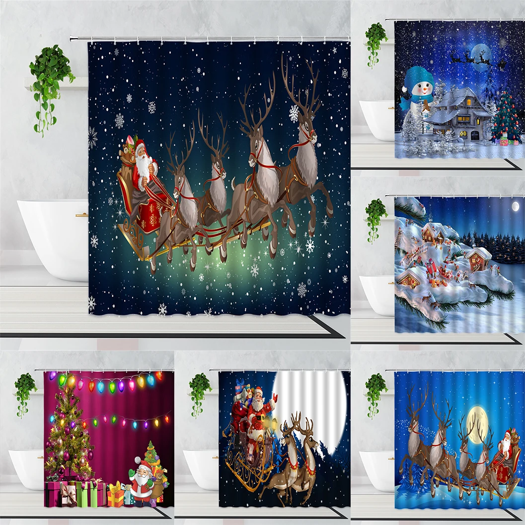 

Winter Forest Christmas Shower Curtains Cute Snowman House Reindeer Santa Claus Blue Xmas Decor With Hooks Bathroom Curtain Set