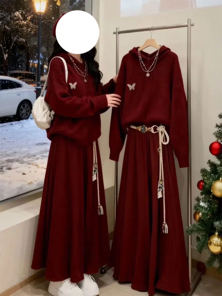 

Cute Red Hooded Skirt Set with Belt Winter Faion Women's Ensemble Warm Long Sve Casual Outfit for Teens And Young Adults