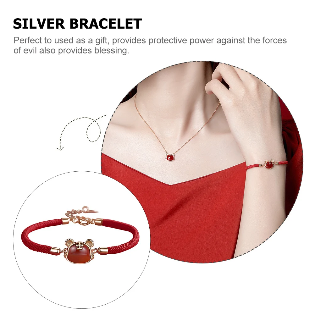 

1pcs Sterling Silver Red Cord Rope Bracelet Chinese New Year Tiger Year Amulet Woven Protective Hand Chain For Women Men Parents