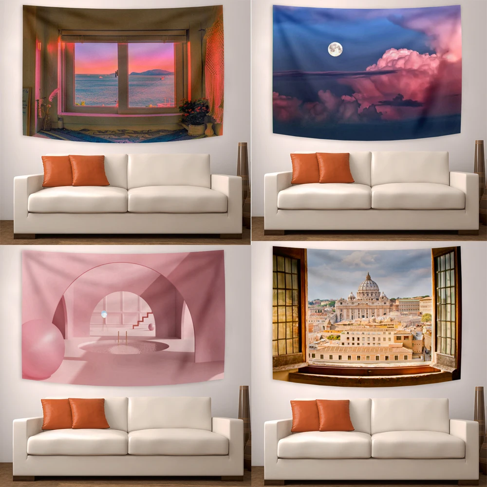 Ins tapeçaria pôr do sol janela pendurado parede cenário fundo para sala quarto cabeceira dormitório decorações rosa lua tapeçarias