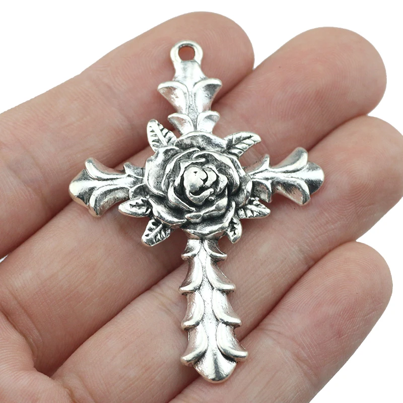 2 Pieces 40*56mm Newest  Mixed Alloy Antique Silver Color Cross Flower Charms Vintage Pendant Accessory For DIY Jewelry Making