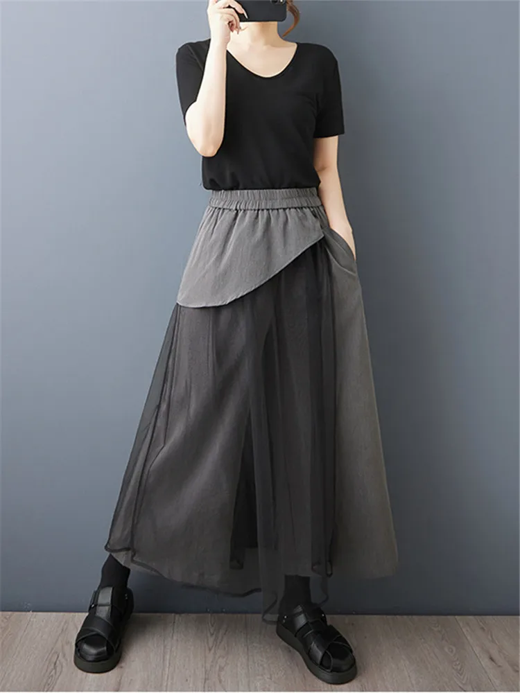 

High Elastic Waist Gray Mesh Irregular Spliced Wide Leg Pants New Trousers Women Fashion Tide Spring Autumn 2025 Ropa De Mujer