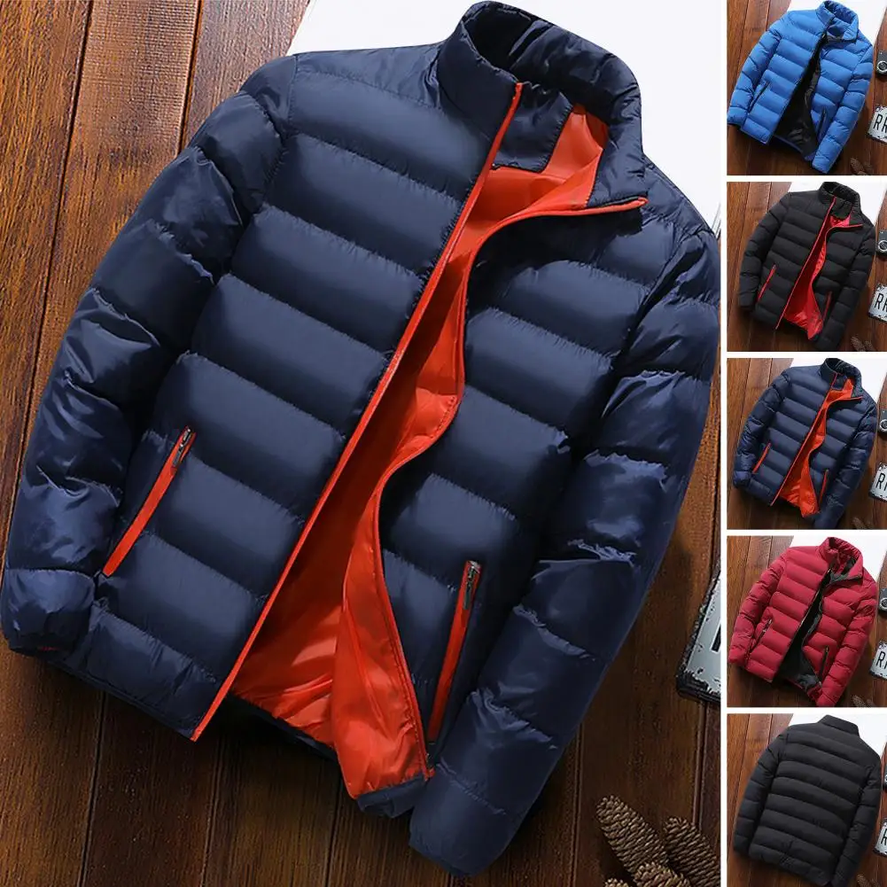 Outdoor Sports Coat Men's Stand Collar Baseball Jacket with Full Zipper Closure Pockets Solid Color Winter Coat for Outdoor