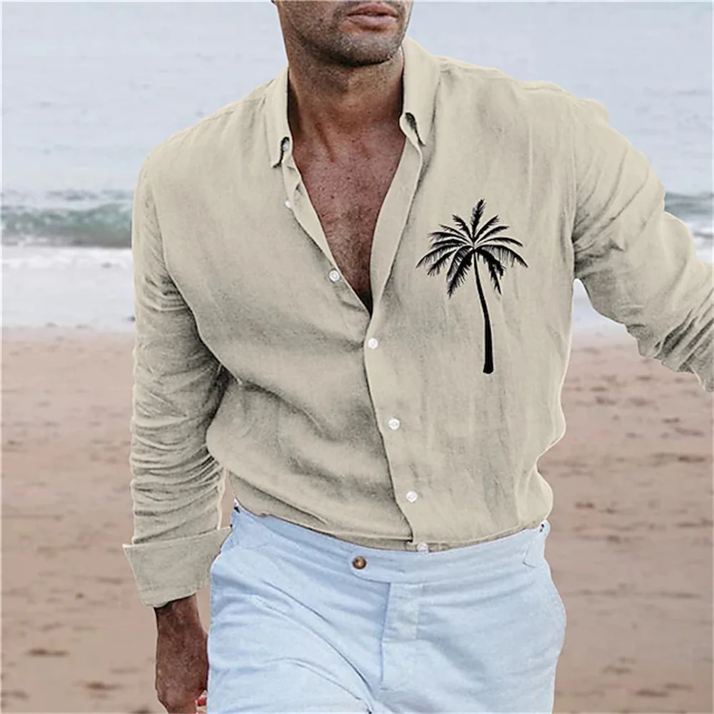 Camisa hawaiana de manga larga con estampado gráfico de árbol de Coco para hombre, ropa con botones, informal, fresca, moda de verano, nuevo estilo