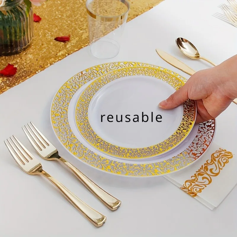 70 Piece Elegant  Golden Party Set - Reusable Plates Cups & Napkins for Weddings & Gatherings