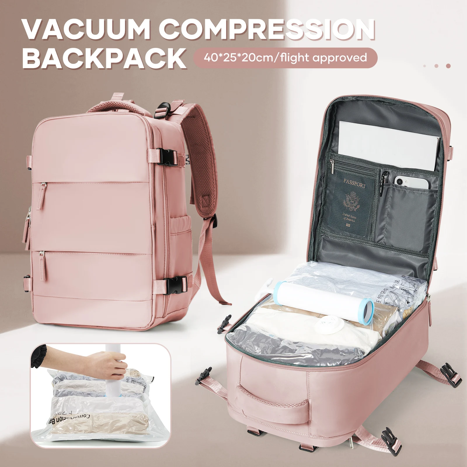 Vacuum Compression Backpack Set with Vacuum Bag and Hand Pump, Backpack for Men Women, Aircraft Cabin Travel Backpack 40x20x25