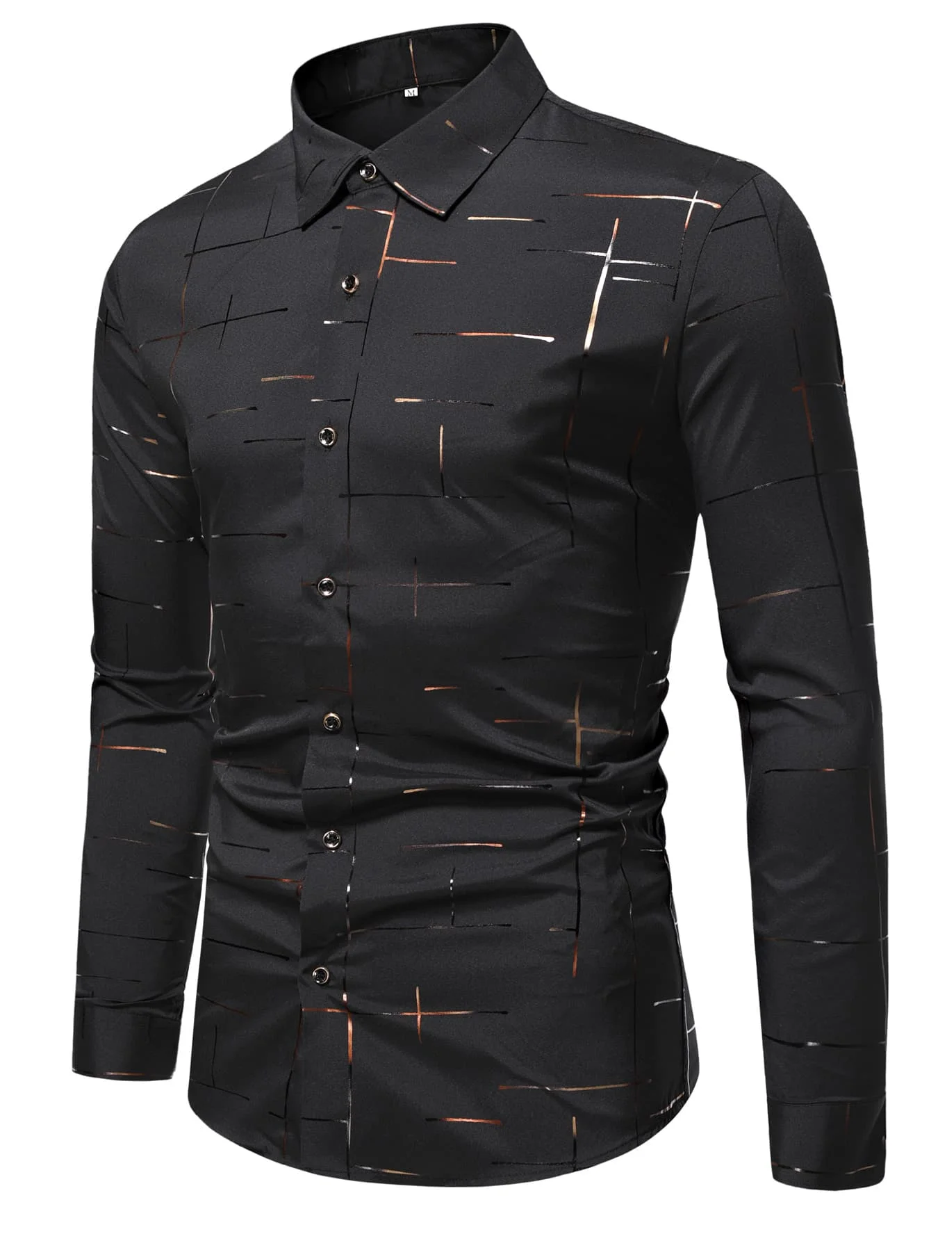 

Men's Black Long Sleeve Casual Shirt with Metallic Line Print