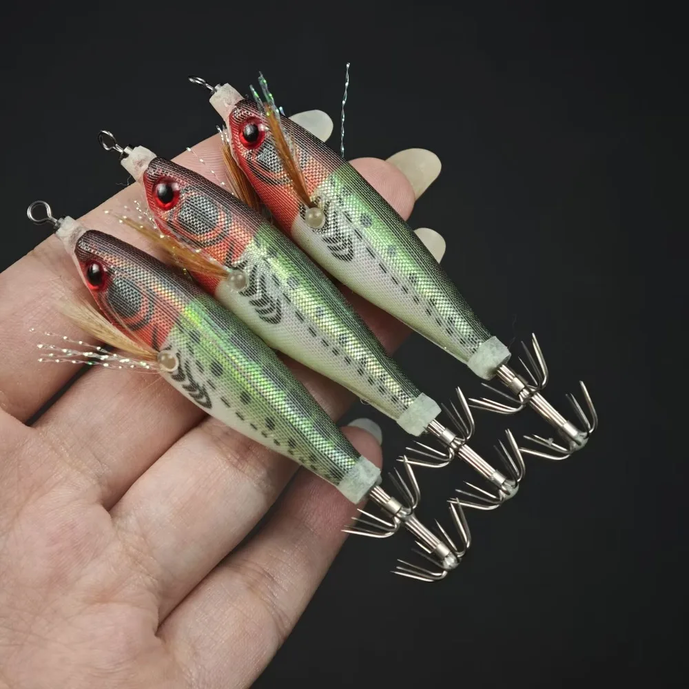 5pcs/set UV Horizontal Squid Jig Egi Set with Tackle Box 8cm Luminous Fluorescent Sea Fishing Lure Wood Shrimp Cuttlefish Tackle gallery 4