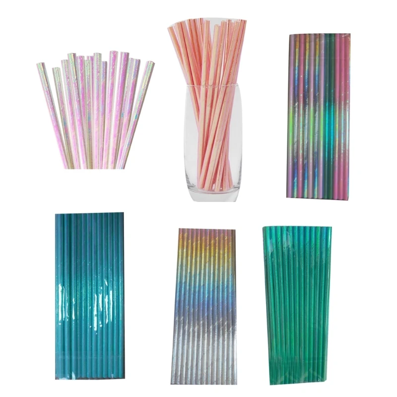 

25Pcs Pearlescent- Film Rainbow Suction Tubes Drinking Paper Straws for Hawaiian- Birthday Wedding Party Decoration