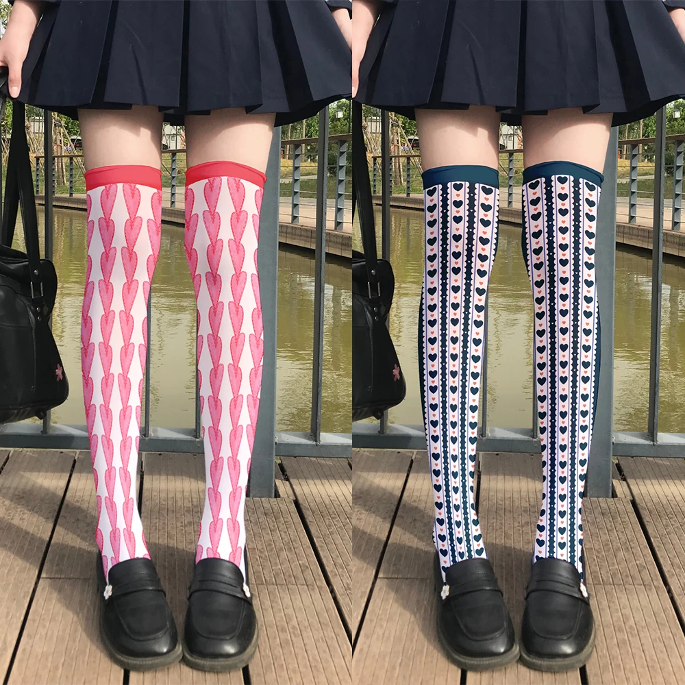 

Fashion contrast color ladies stockings color matching love pink purple thigh socks cute girl calf stockings college style