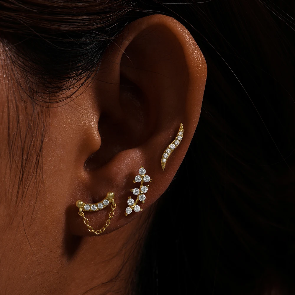 CANNER 1Pcs Wave S Leaf Ear Bone Stud S925 Sterling Silver Popularne geometryczne kolczyki z cyrkoniami Kolczyki sztyfty z płaskim dnem do przekłuwania