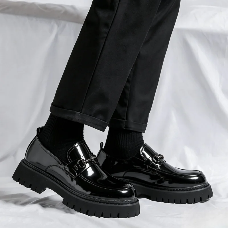 Men's Black Platform Loafers Patent Leather Autumn Horsebit Slip-On Shoes, Non-Slip Chunky Sole Casual Business Dress Footwear