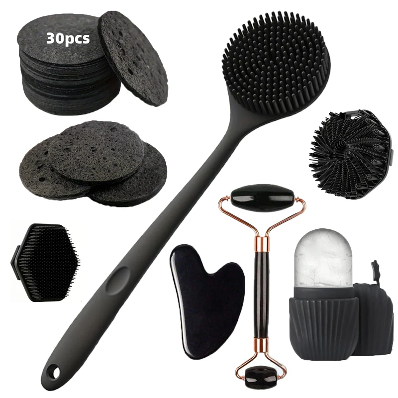 مجموعة فرش حمام أداة العناية بالوجه مكونة من 7 قطع، إسفنجة مضغوطة للوجه، مقبض غير قابل للانزلاق، أداة العناية بالتطهير العميق، #1