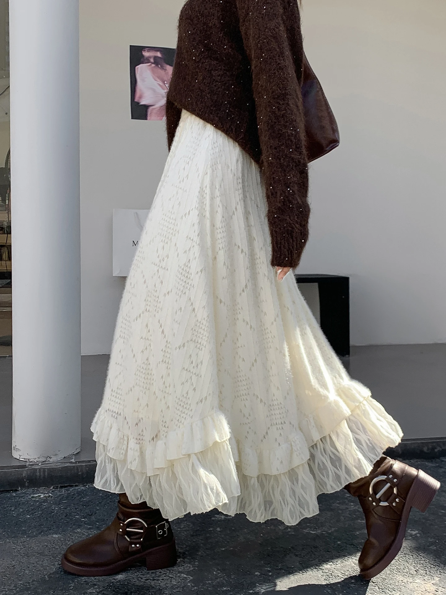 

Ele High Waist Lace f Skirt Women's Winter Faion Cake Skirt Asymmetrical A-Line Long Skirt Soft Comfortable French S...