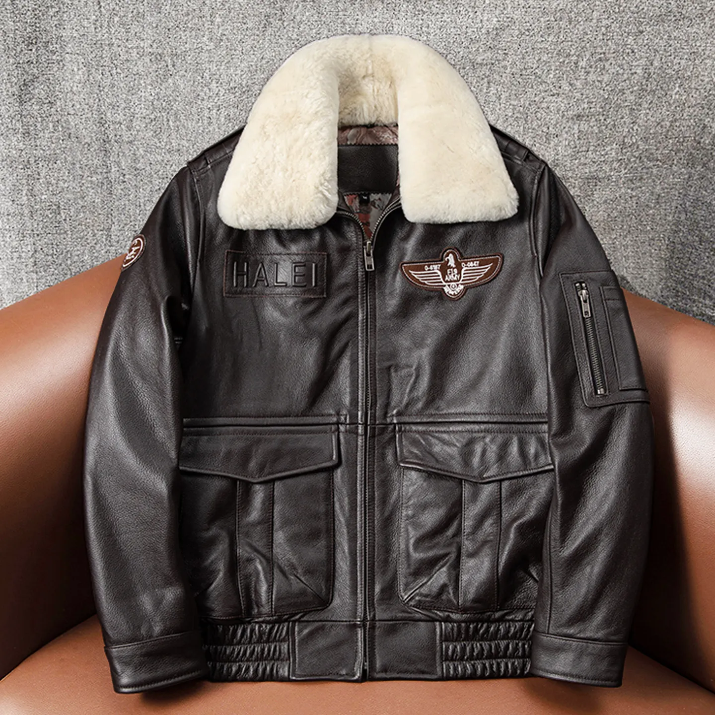 

Men's cotton fur collar flight suit first layer cowhide leather jacket large size thickened jacket