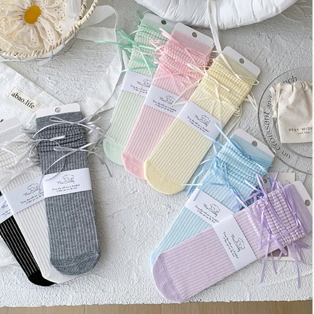 

Sweet Solid Color Balletcore Socks Ribbon Bow Korean Style Mid-Tube Hosiery Cloth Accessories Autumn&Winter Thin Stockings Girls