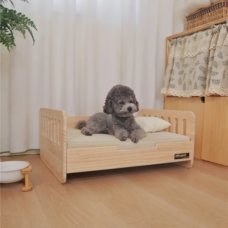 

Solid wood pet cat and dog off the floor bed scratch resistant canvas all-season universal litter mat log style small dog bed