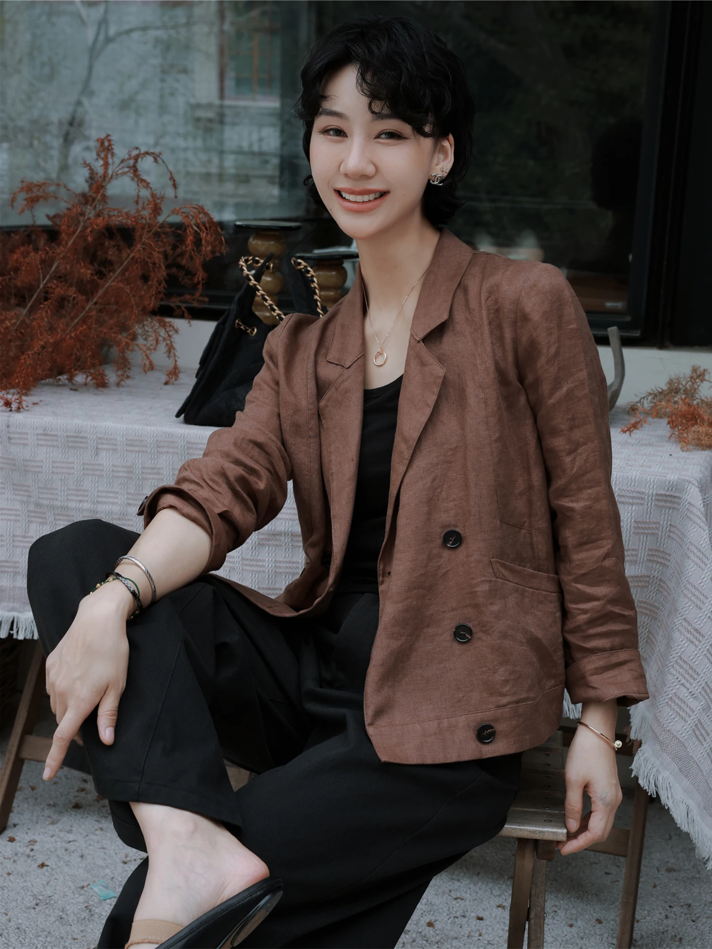 

Льняной костюм TT: женский приталенный летний топ в повседневном стиле, стандартная модель, из чистого льна, на двойной пуговице