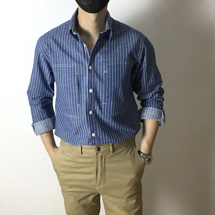 

Men's Slim Fit Long Sleeve Cotton Striped Shirt Blue White Black American Retro British Style Square Collar Autumn Fashion