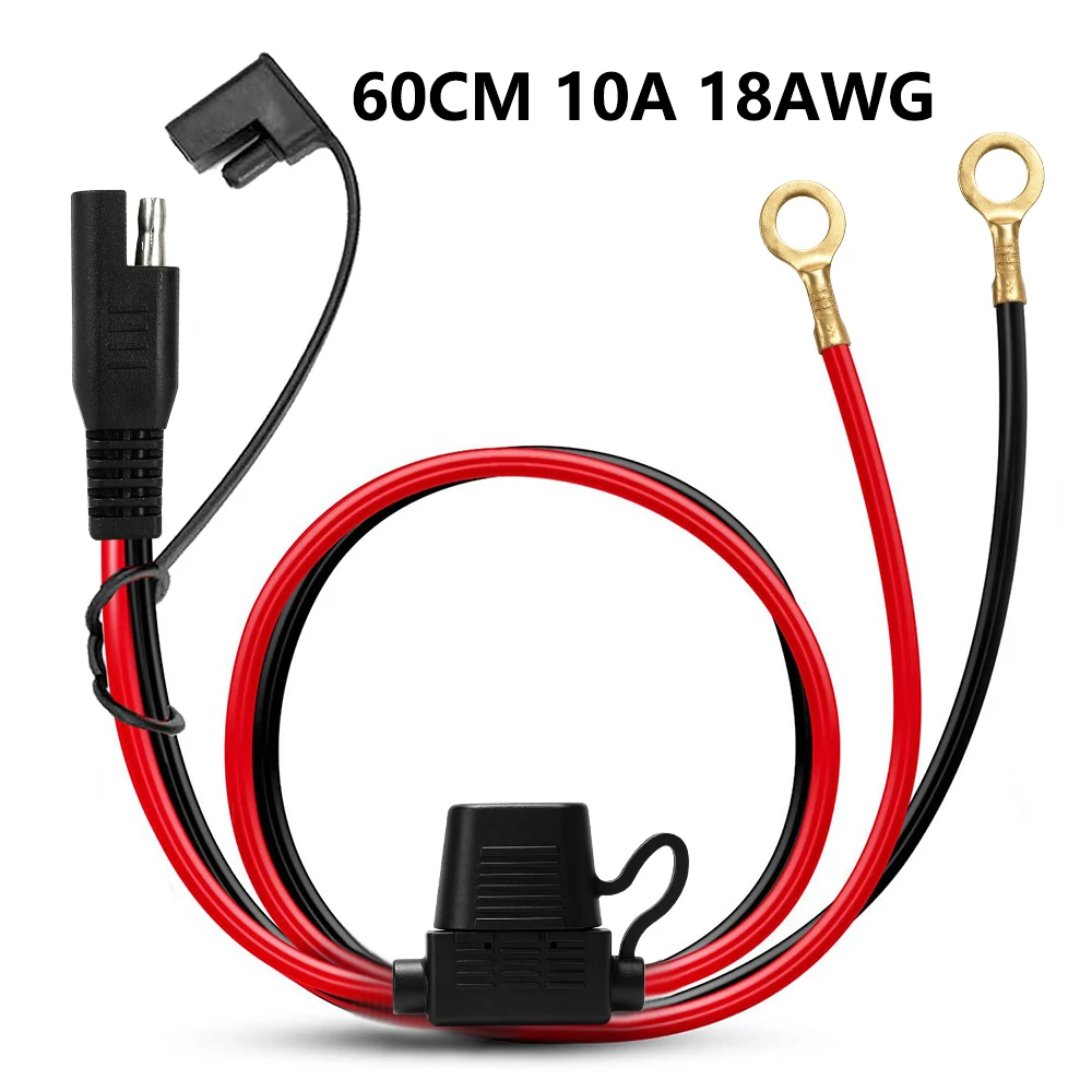 10A Fuse 18Awg 60Cm Sae To O-Ring Terminal Wire Harness Car Charger Battery Extension Cable for Solar Panels Motorcycle Car Rv