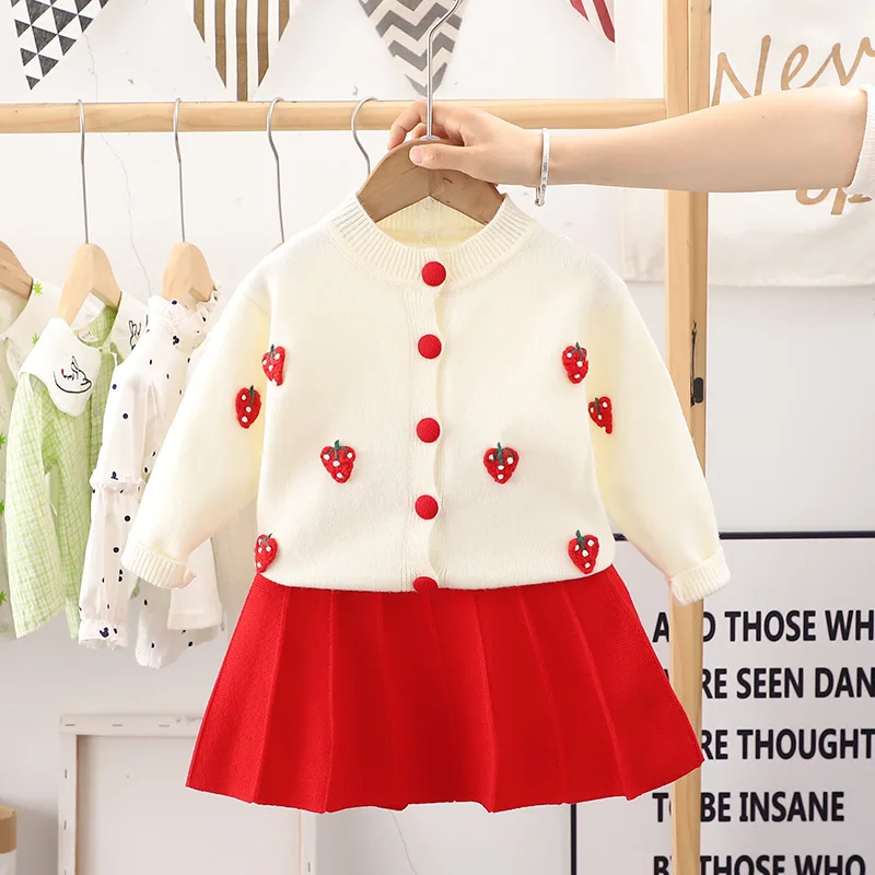 Kids Clothing for Baby Girl Sweater 2 Pieces Sets Solid Color Cute Fashion Single Breasted Floral Printed Knitted Pleated